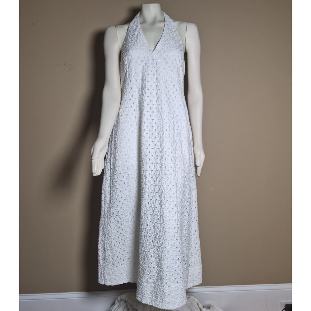 A New Day White Eyelet Halter Midi Dress Smocked Back Cotton Blend Womens Large
